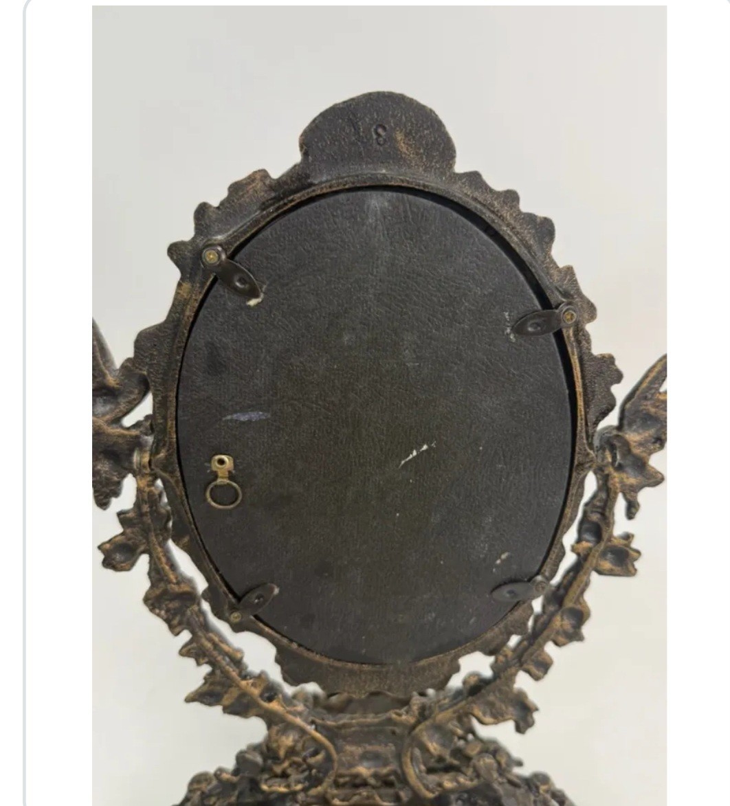 Oval Tabletop Vanity Mirror w/ Stand, Bronze Metal Frame, Cherubs 12 in