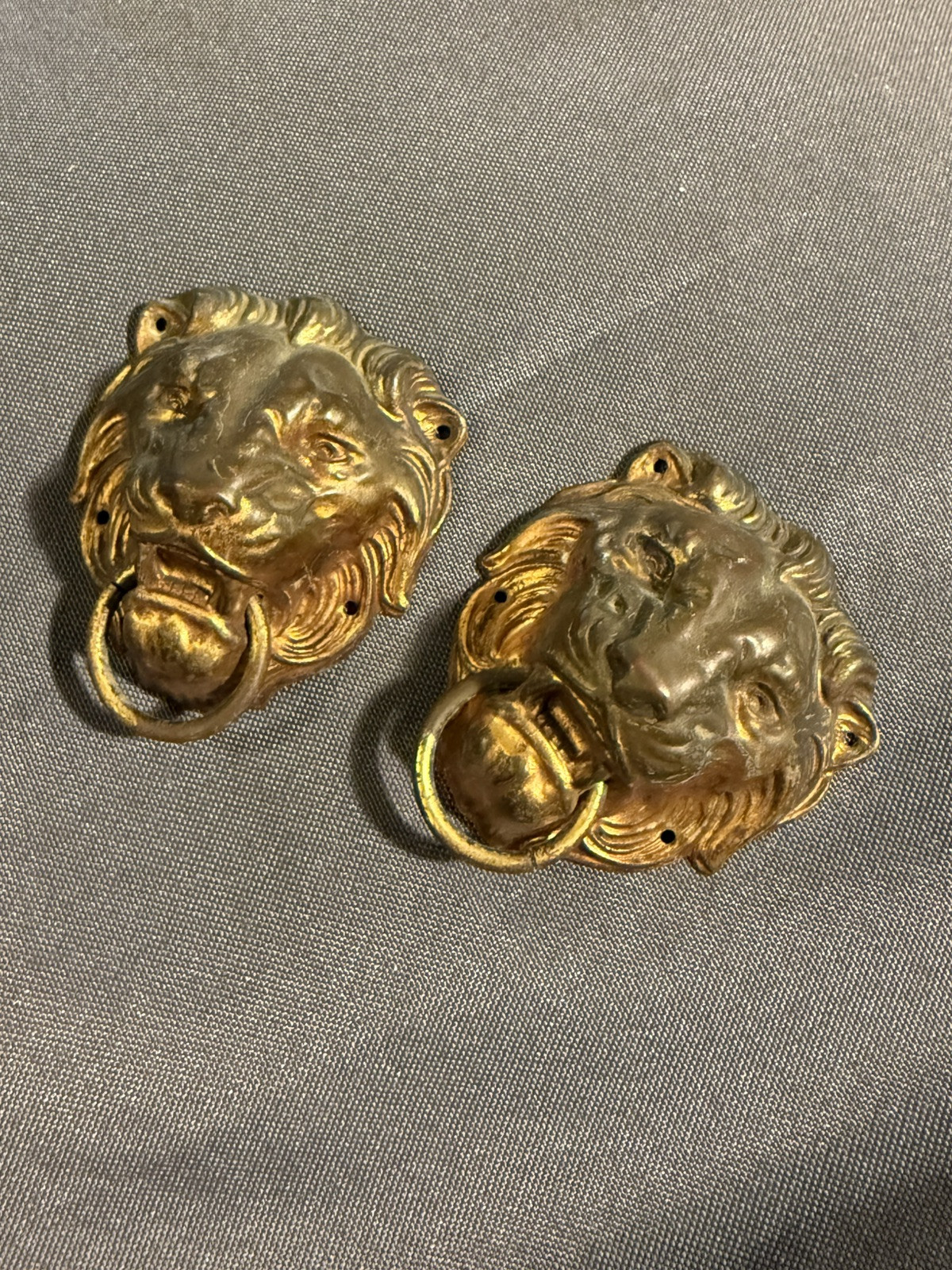PAIR Antique Gilt Bronze Clad Metal Lion Head Architectural Salvage Drawer Pulls