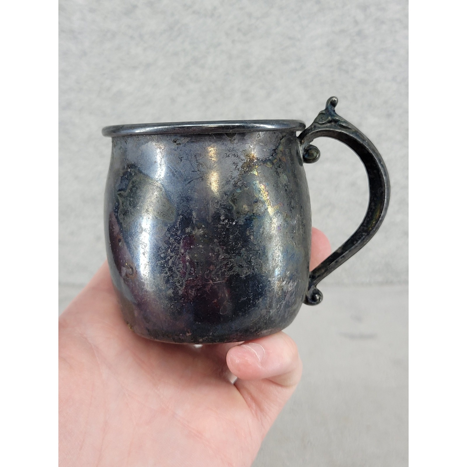 Vintage FB Rogers Silverplate Baby Cup Small Mug Ornate Scroll Handle Tarnished