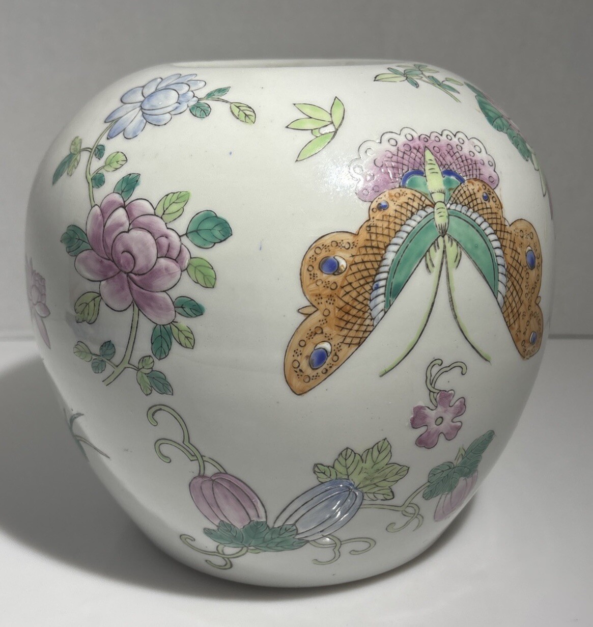Vintage Chinese Famille Rose Porcelain Ginger Jar Vase Butterfly Floral Peony