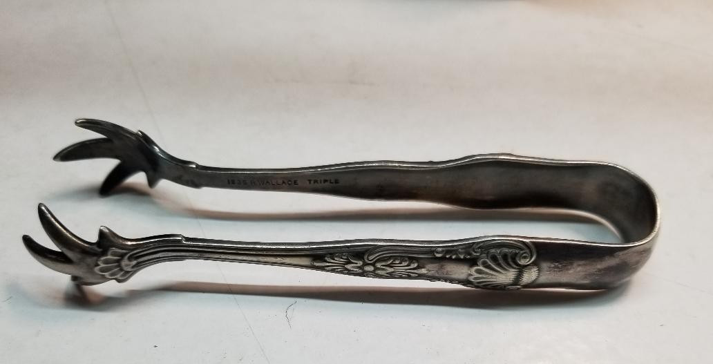 Antique 1835 R Wallace Pickwick Arms Silverplate Sugar or ice Tongs Triple Plate