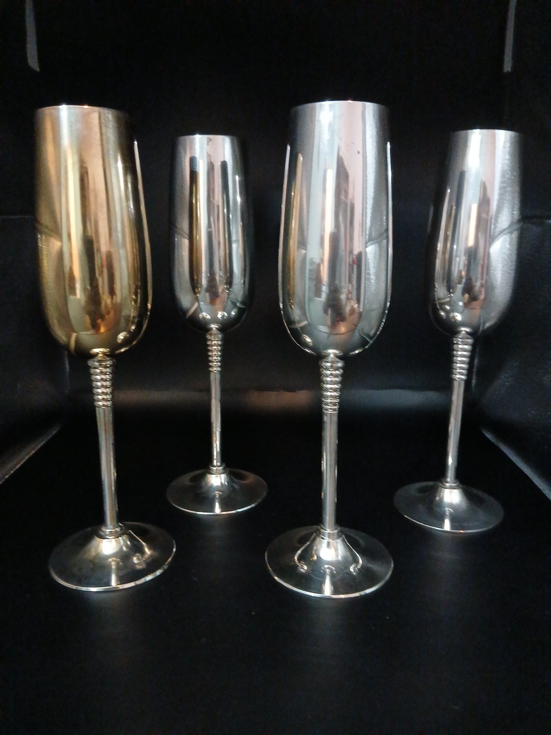 Set of 4 Silver-Plated Champagne Flute Vintage India Long Stem Elegant Glassware