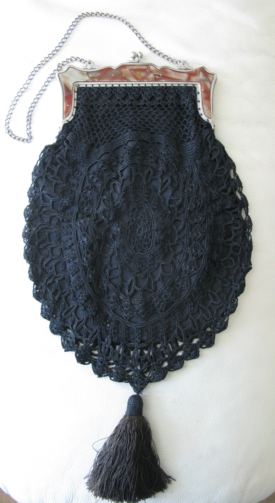 Antique Silver Lucite Marble Frame Black Crochet Tassel Large Purse