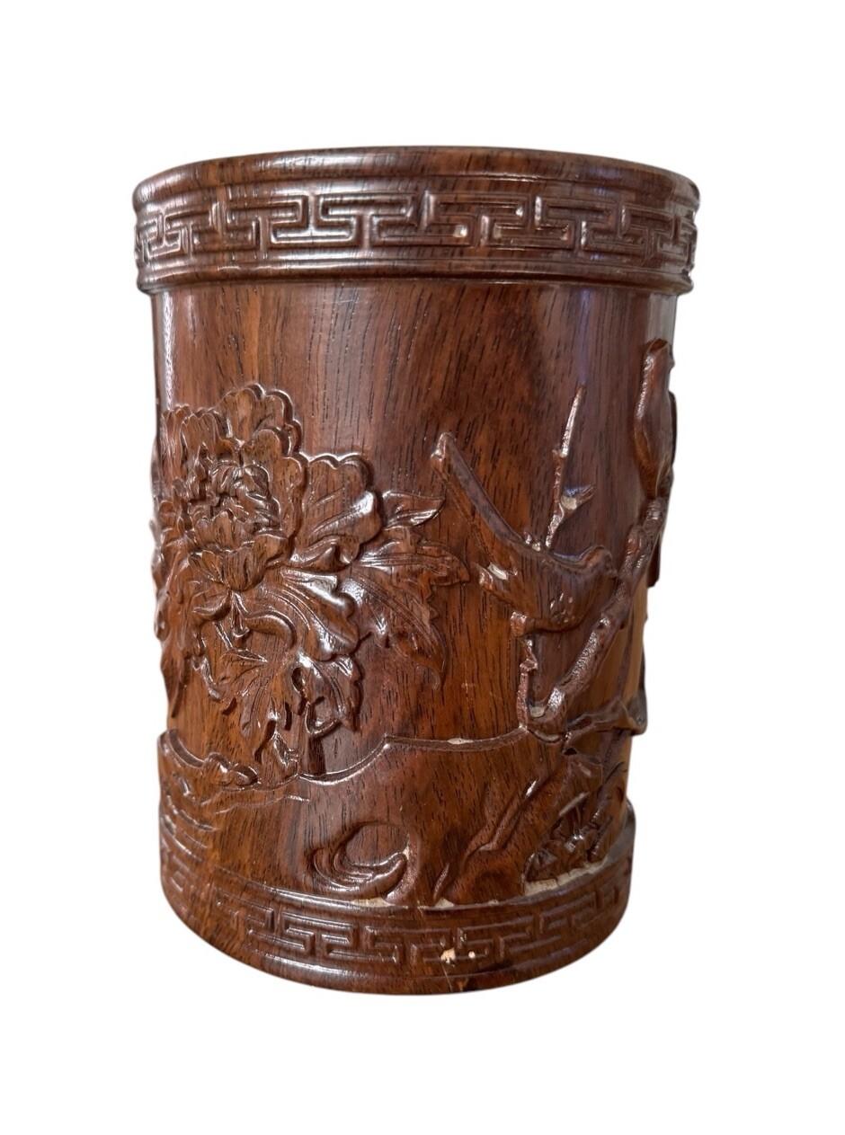 Vintage Asian carved wood brush pot 6″ x 4.5 “