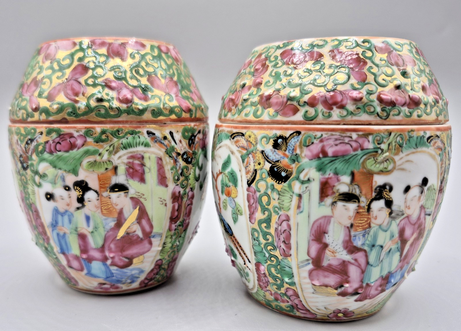 Pair of Antique Mid 19th C Chinese Canton Rose Mandarin Famille Rose Jars 9.5 cm