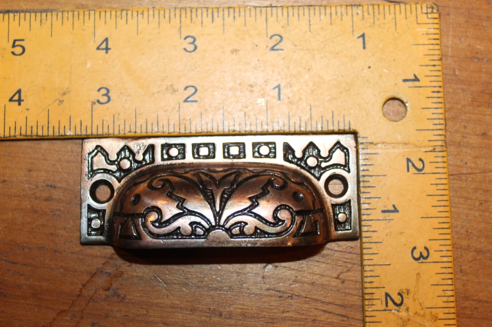 Antique Brass Plated Cast Iron Detailed Bin Apothecary Cupboard Drawer Pull L-10