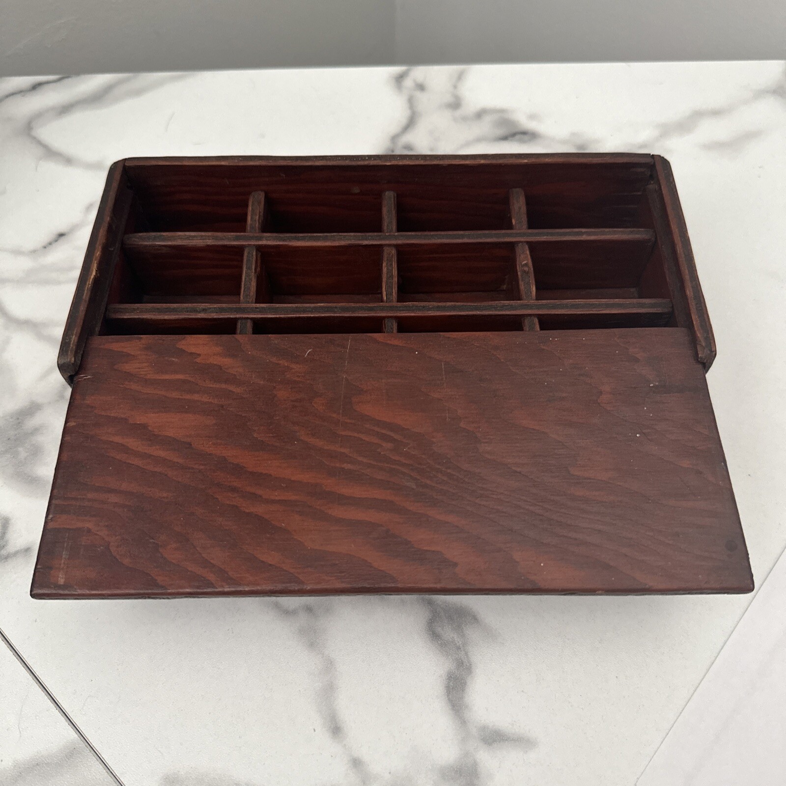 Primitive Wood Sliding Top Box With Partitions Signed “Don”