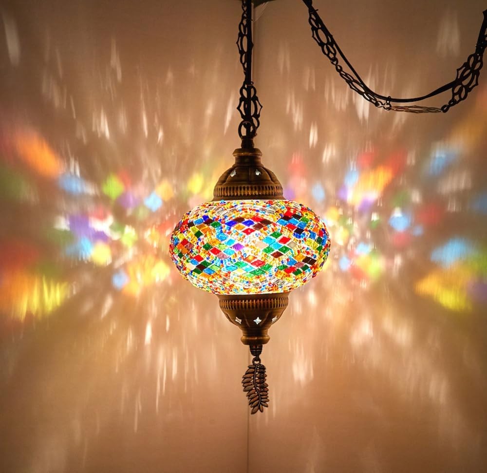 Authentic Turkish Mosaic Plug-in Swag Pendant Light Fixture, Large 6.5″ Globe