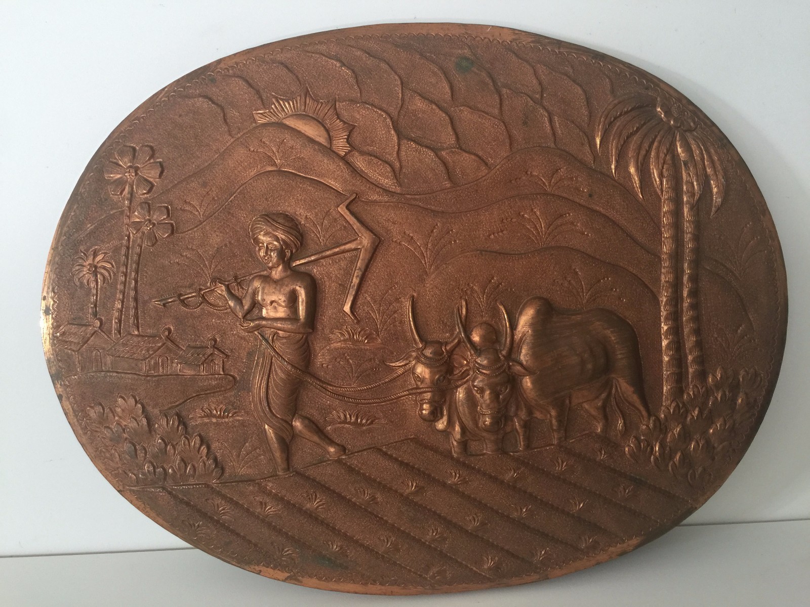 Vintage Indian Handcrafted Embossed Copper Oval Wall Panel, 13 3/4″ x 10 3/4″