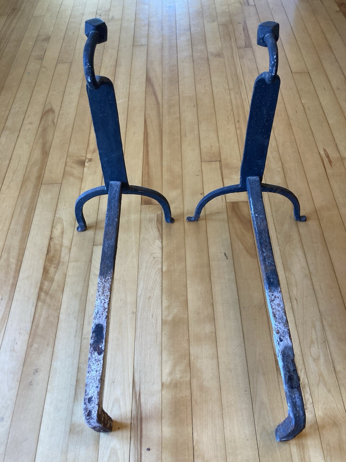 Antique Mid 18th C Wrought Iron Gooseneck Andiron Early American Fireplace