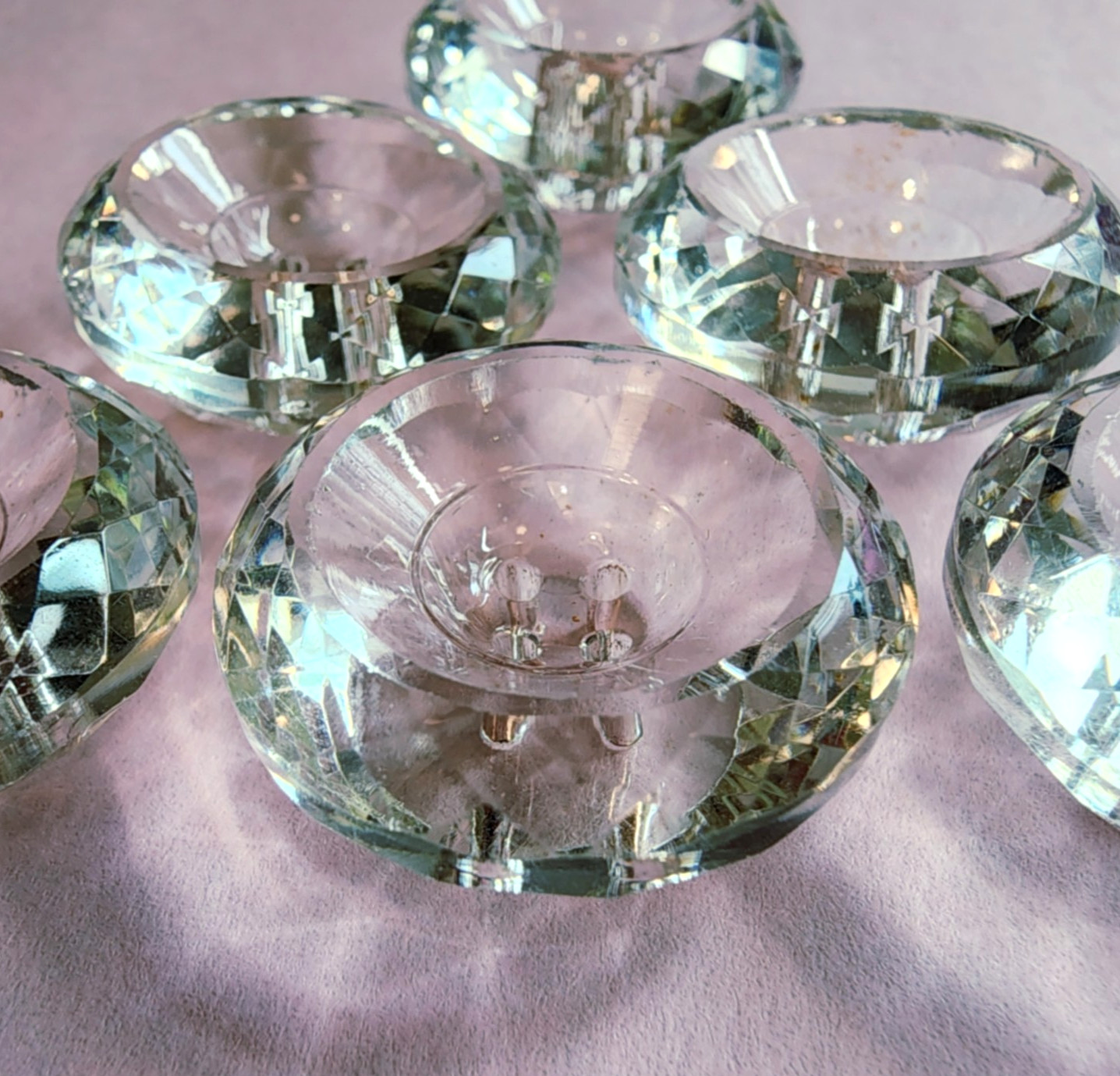 6 pre-WWI Heavy Thick Crystal Clear Antique Glass Buttons ~ almost 1-1/16″