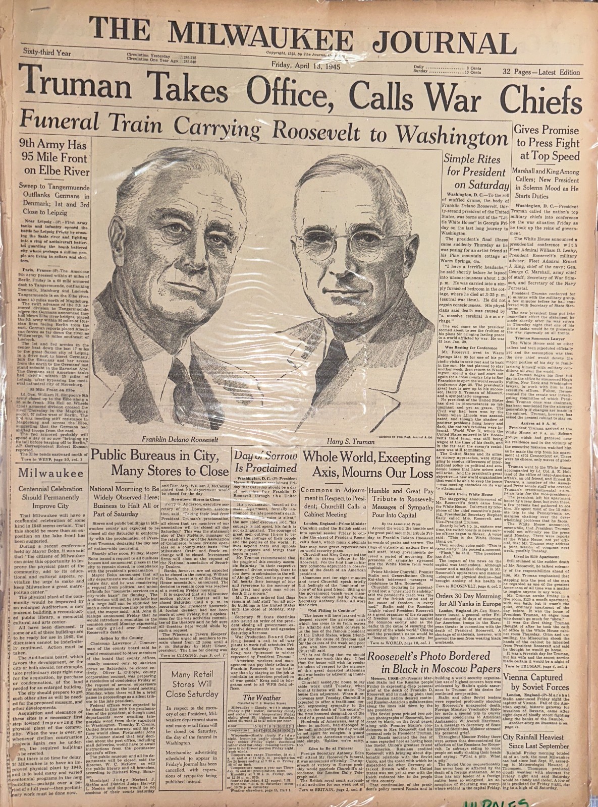 Historic Headline 1945 WWII TRUMAN TAKES OFFICE CALLS WAR CHIEFS HH0056