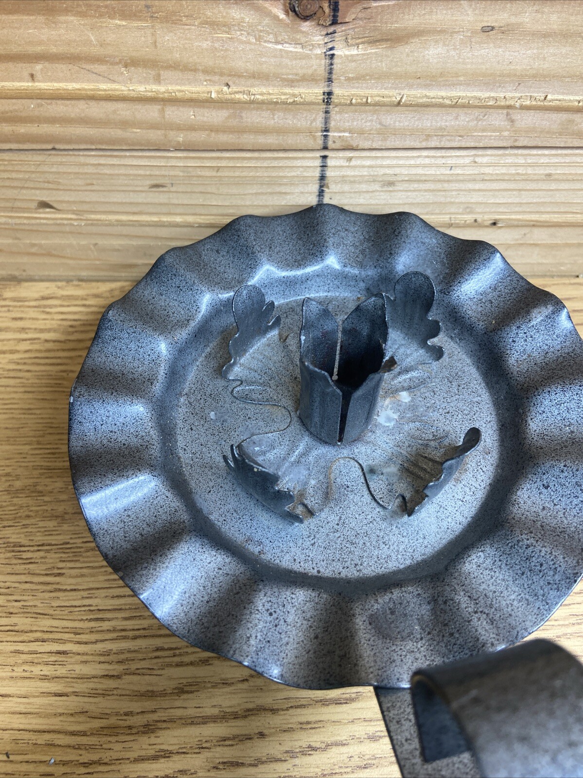 VINTAGE PUNCHED TIN 7″ CANDLE HOLDER W/ FINGER LOOP & STAR PATTERN