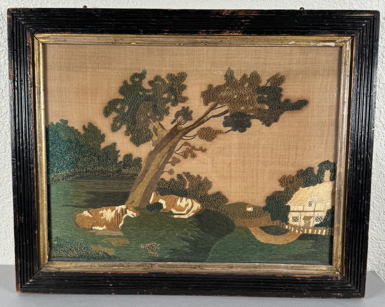 Antique Georgian Needlework Embroidered Sampler Picture Country Farm Cows 19th C