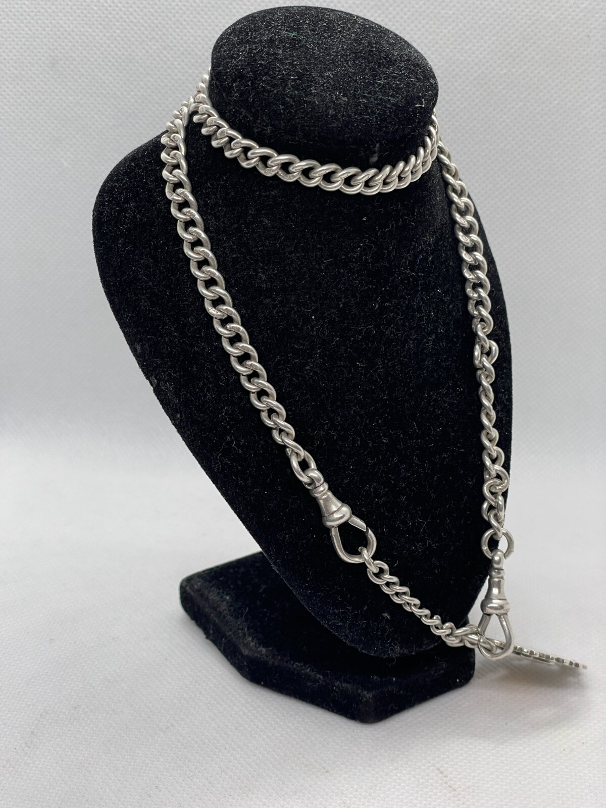 SOLID STERLING SILVER ALBERT CHAIN T BAR 46.9G 18″ INCH LONG VICTORIAN WITH FOB