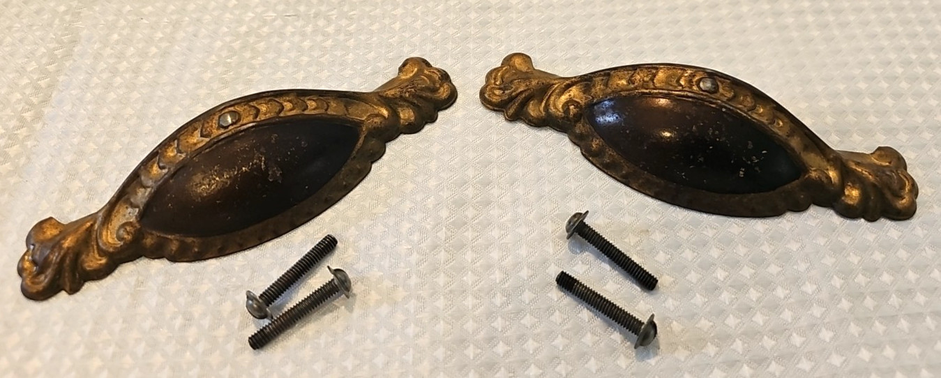 Pair of Antique Art Deco Pressed Steel Bin Drawer Pulls 5.25″ Long 4″ Centers