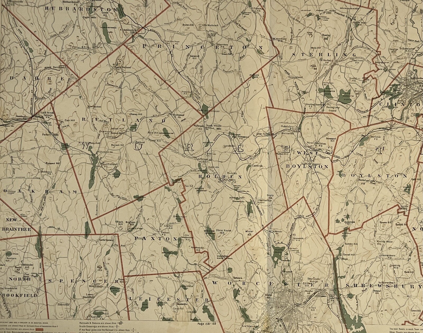 Original 1891 Map,Worcester,Shrewsbury,Northborough,Boylston,Westborough,Mass MA