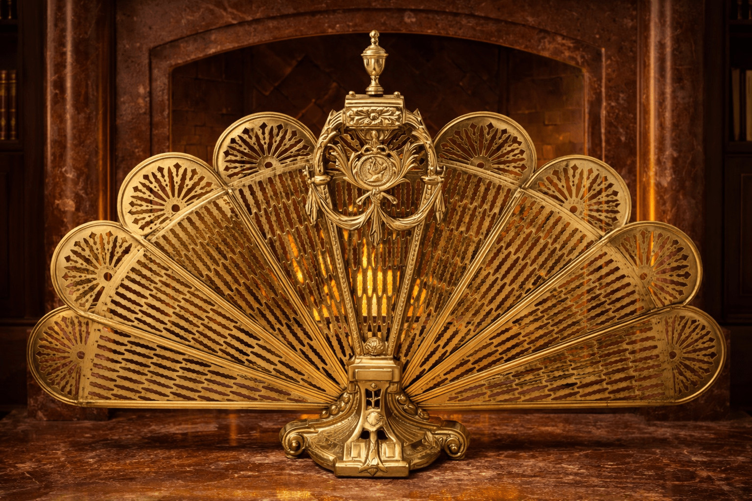 Antique Brass Folding Fireplace Screen – Peacock Fan Design, Neoclassical Motif