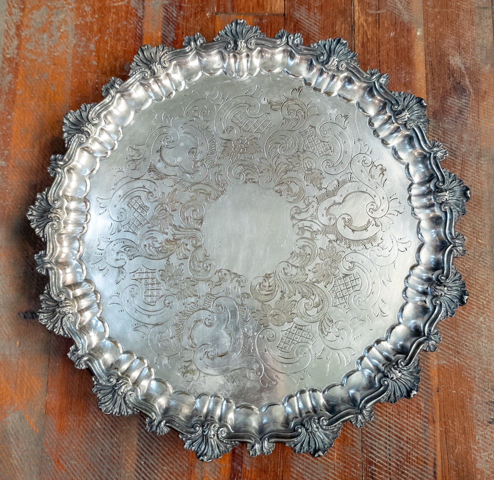 Antique English Birmingham Silverplate Salver Tray Rococo Style by Ellis Barker