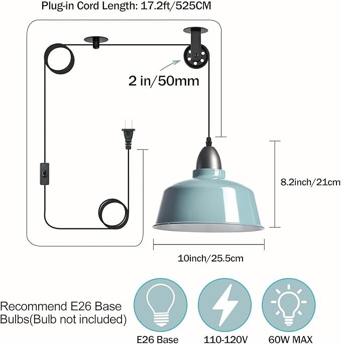 Blue Farmhouse Plug in Pendant Light Pulley Pendant Lamp