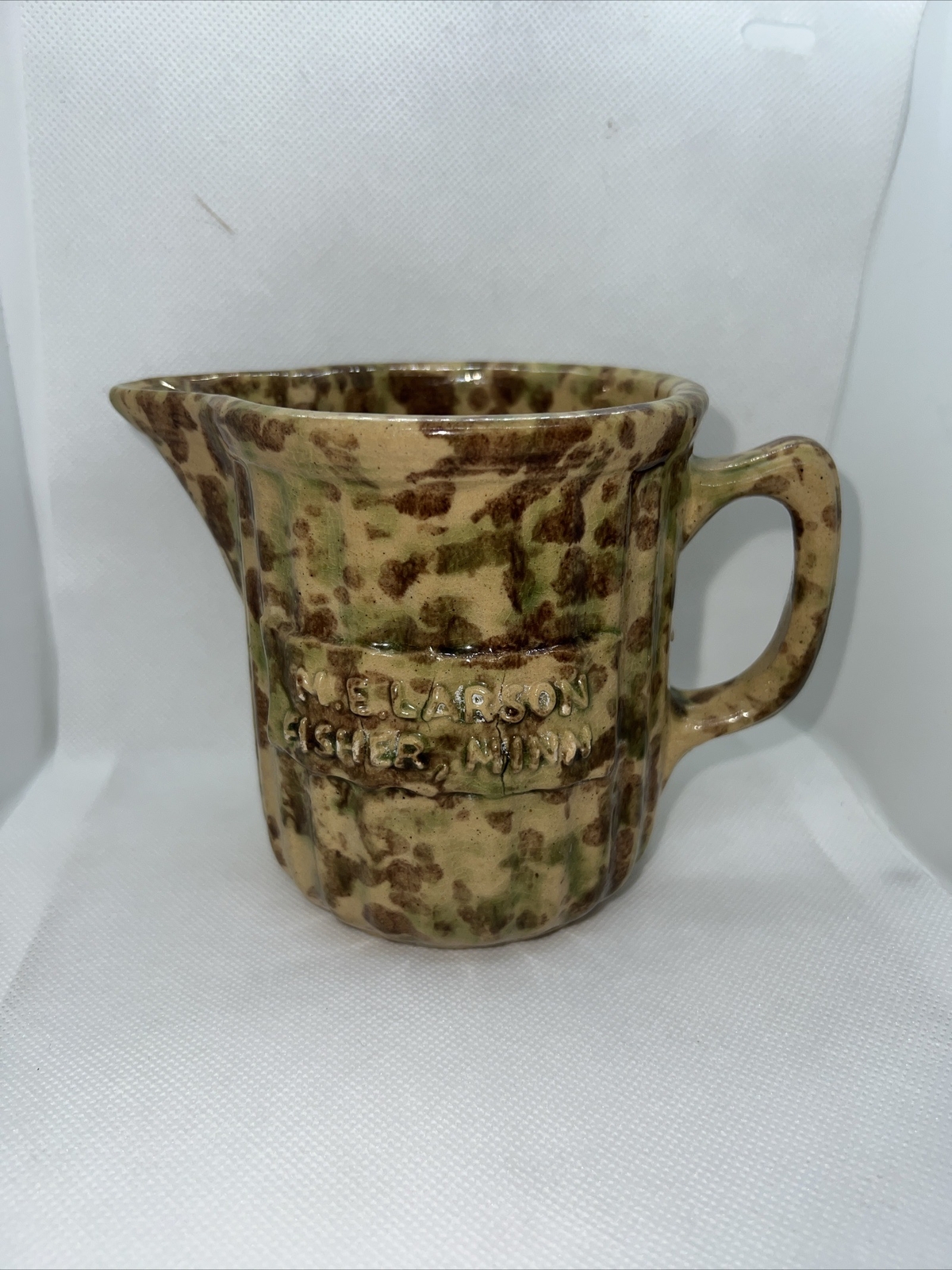 M E Larson Fisher Mn Antique Advertising Am Stoneware Pottery Pitcher Spongeware
