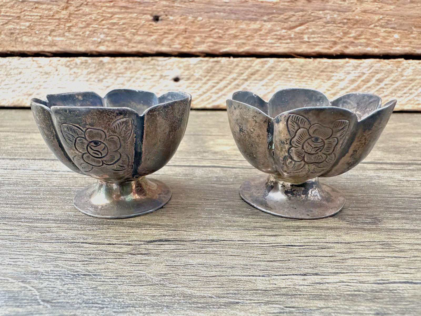 Pair Vintage Mexico Sterling Silver Open Salt Cellars, Aztec Floral (SANBORNS)