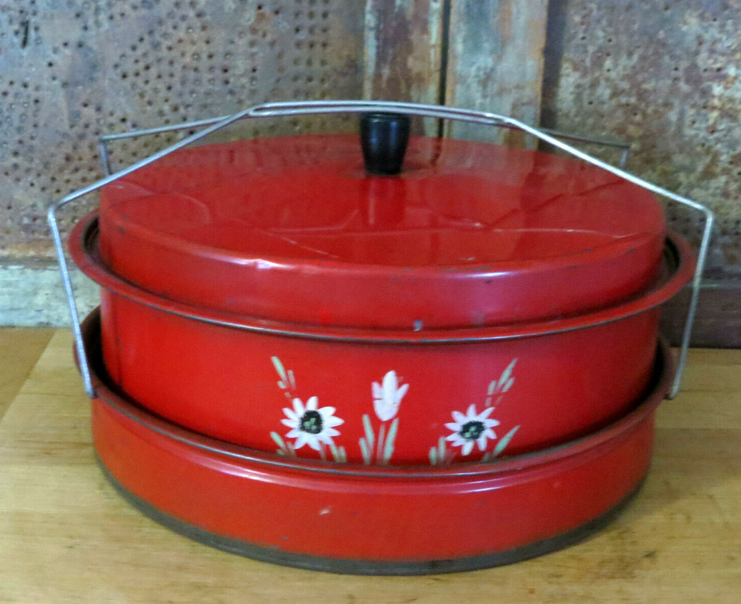 Tin Metal Round Pantry Box Cake Keeper & Cake Pan ORIGINAL Red Paint AAFA