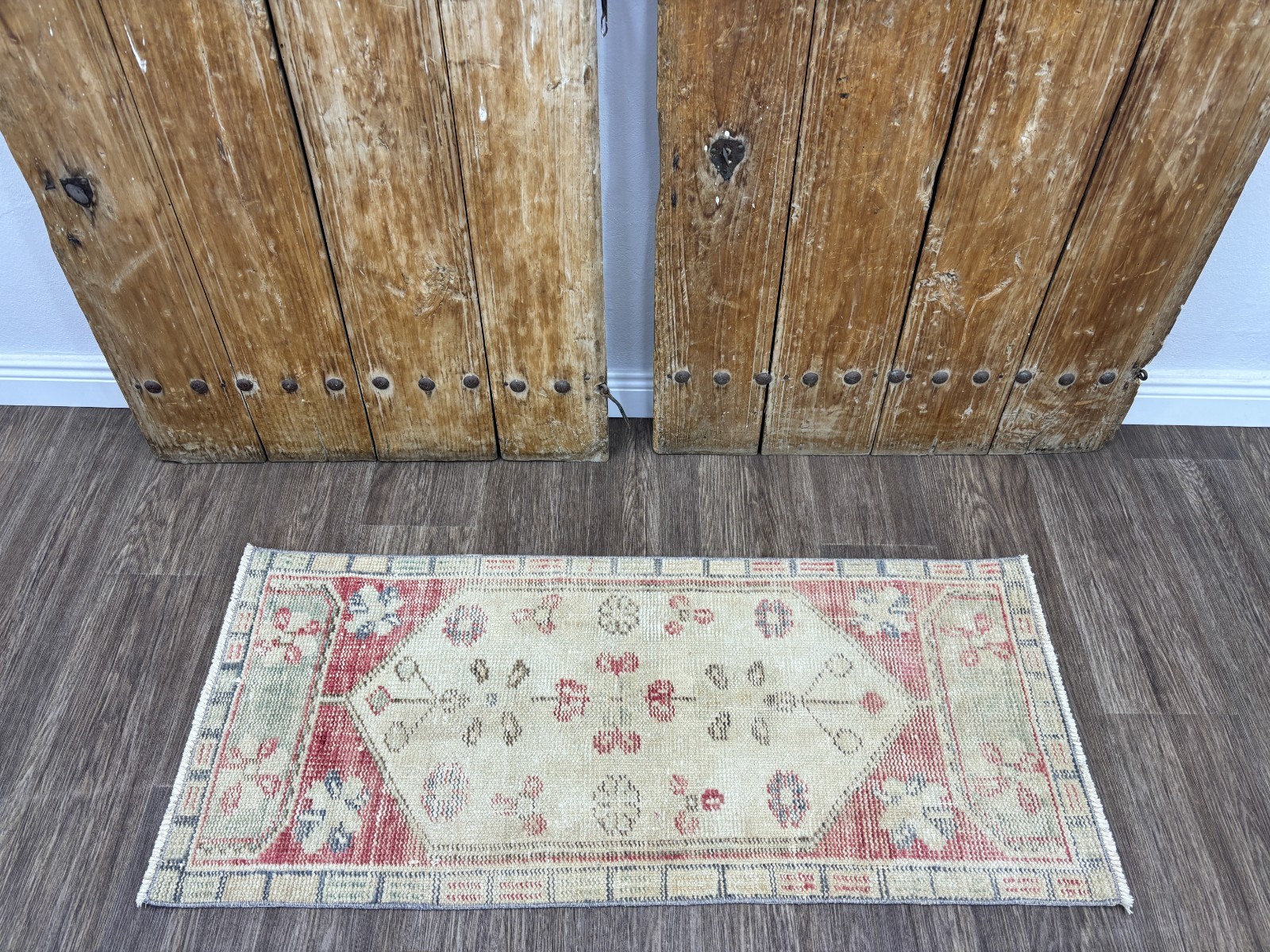 2×4 Beige Red Vintage Turkish Accent Rug, Hand-Knotted Wool Rug, Small Area Rug