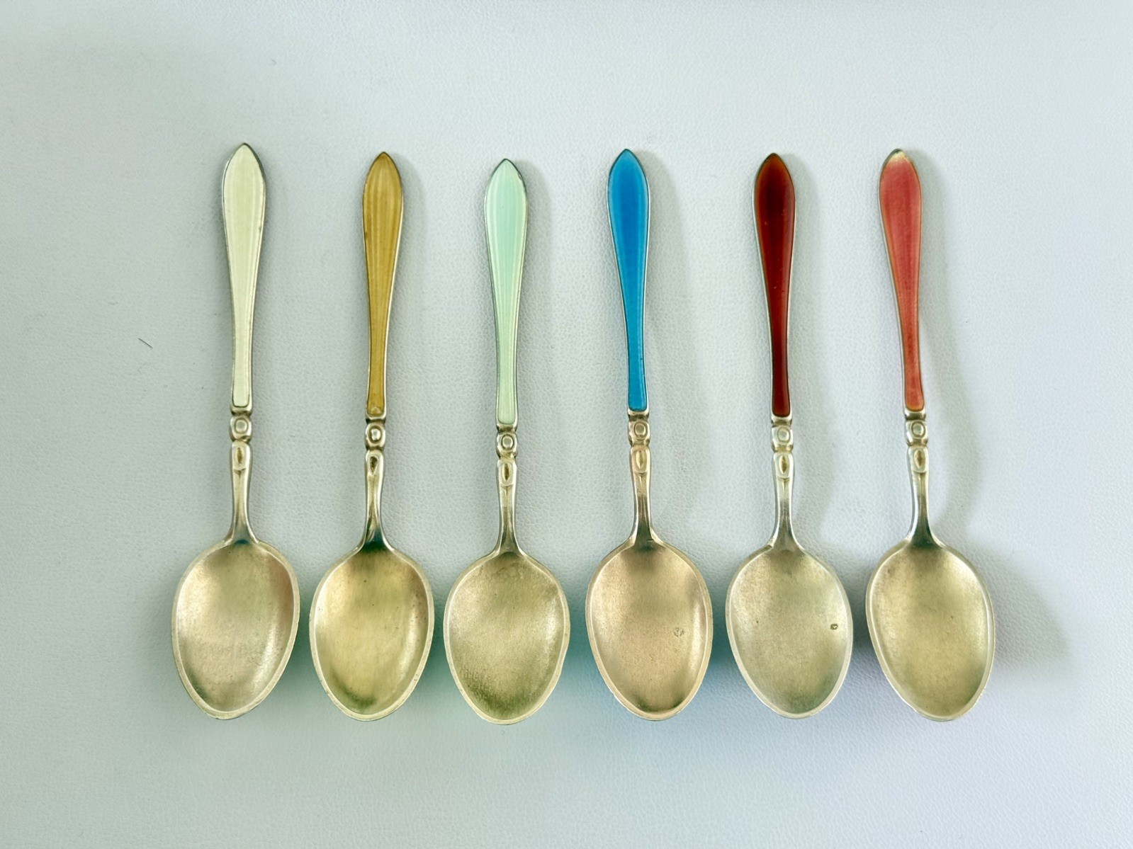 Collectable Solid Sterling Silver 925 Enamel Set of 6 Spoons Norway J Tostrup