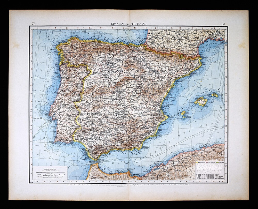 1901 Andrees Map Spain Portugal Gibraltar Madrid Lisbon Balearic Islands Ibiza