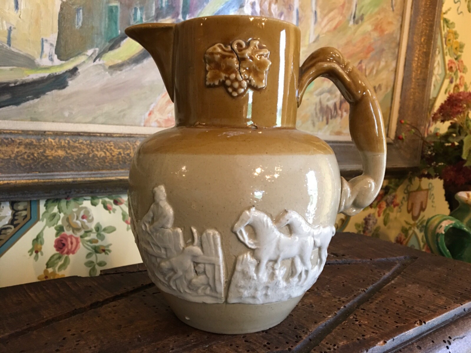 Vintage English Earthenware Pottery Hunting Jug Pitcher