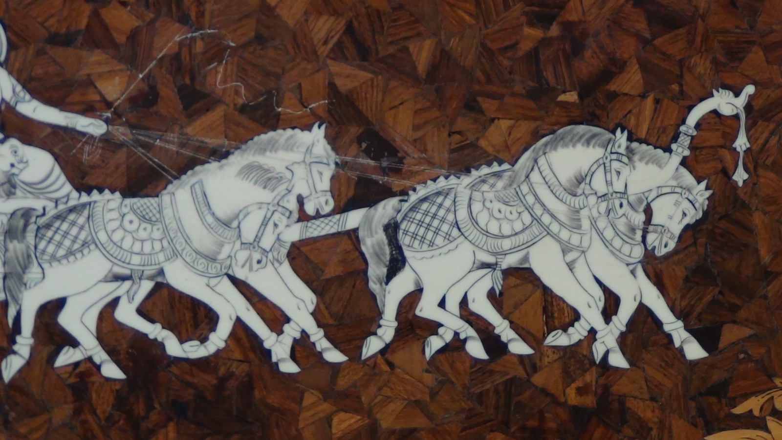ANTIQUE 19c SOUTHEAST ASIA WOOD INLAID WALL PLAQUE WITH GODDESS ON CHARIOT