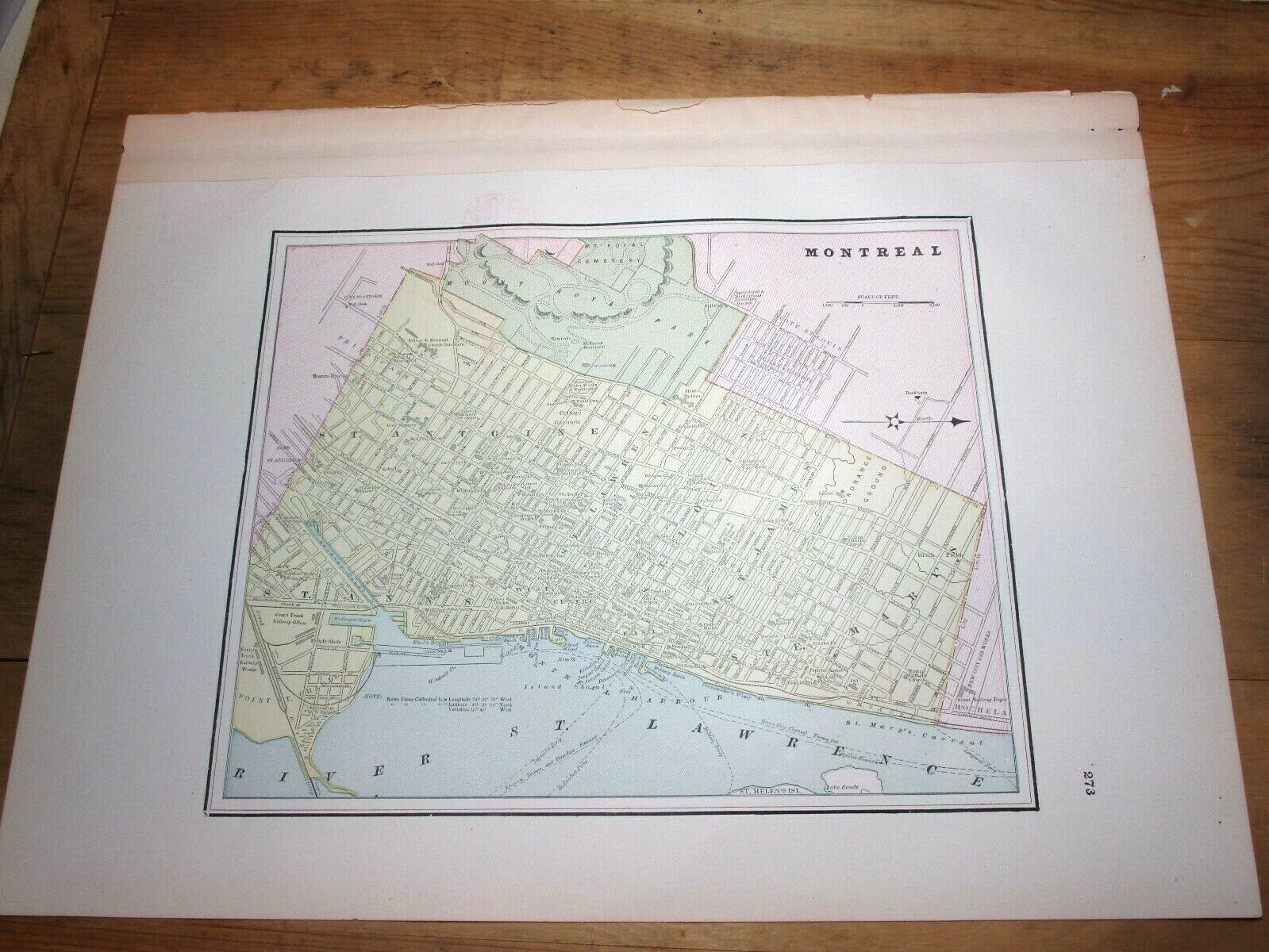 Cram’s 1890 Colored City Map ~ MONTREAL, QUEBEC ~ 11 1/2″ x 9 3/8″