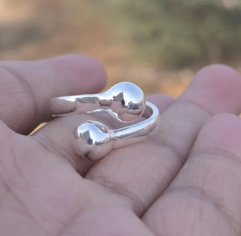 Minimalist Sterling Silver Open Ring with Ball Ends Adjustable Silver Band Ring