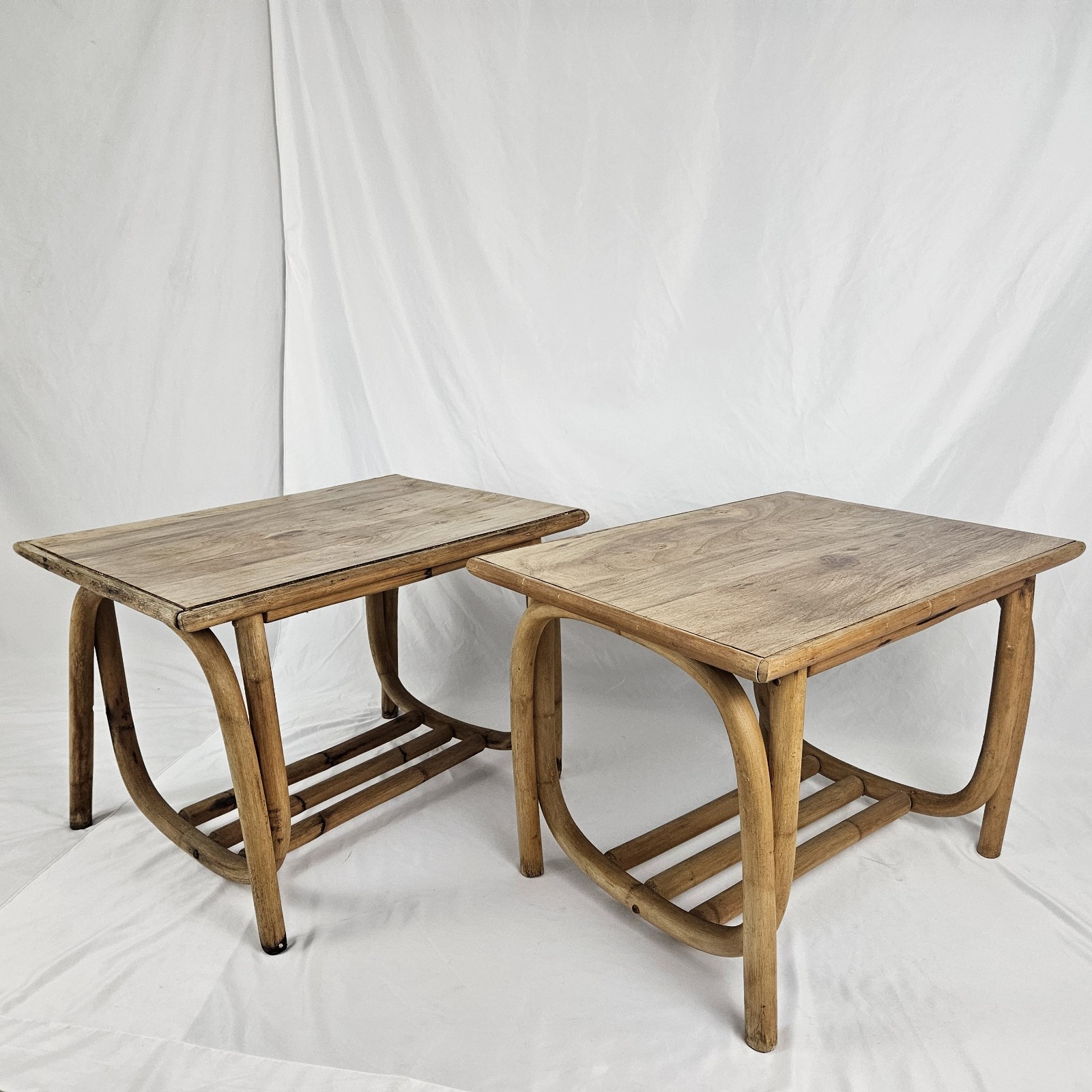 Vintage Rattan Bamboo End Table Set w/ Magazine Rack Boho Tropical Coastal MCM