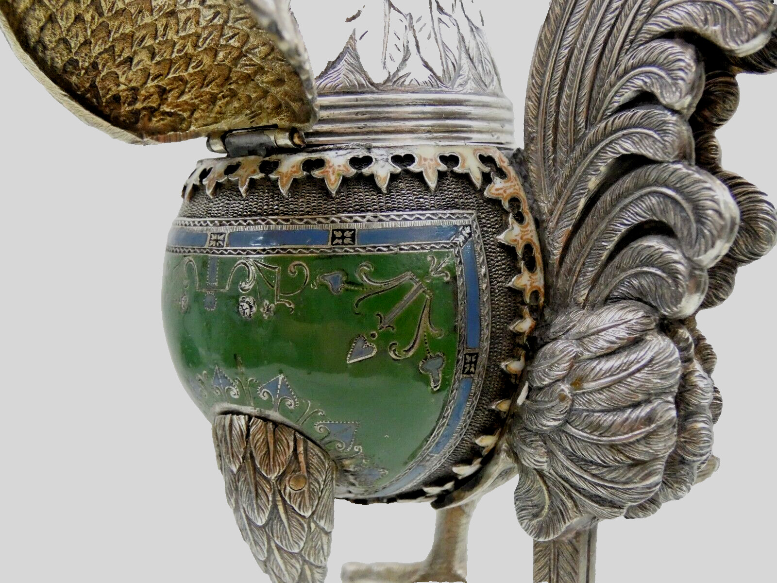 ANTIQUE SILVER ENAMEL SPICE CONTAINER BESAMIM HAVDALAH JUDAICA Figural Rooster