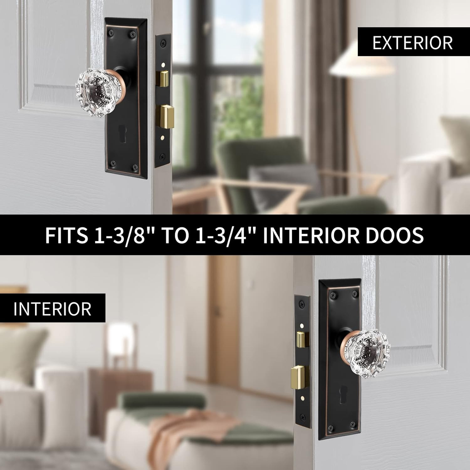 Upgraded Mortise Lock Set for Interior Door, Antique Vintage Style Crystal Glass