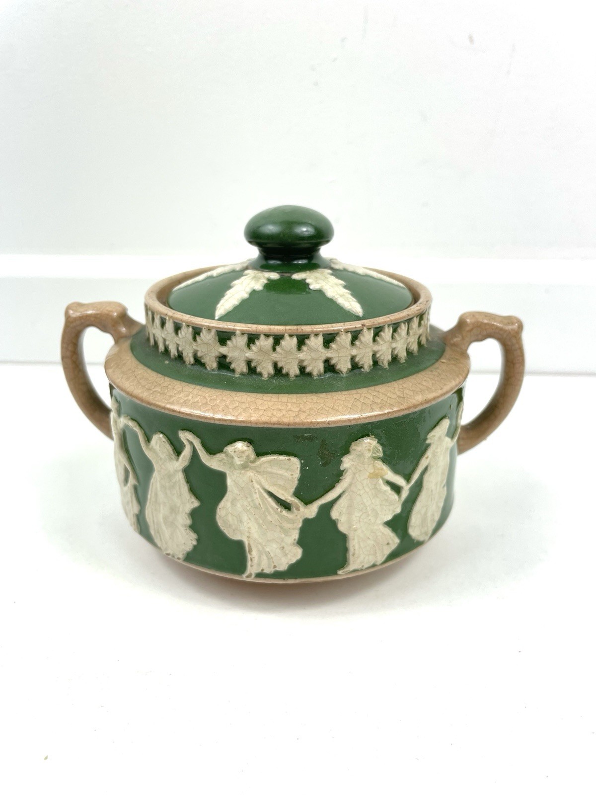 Etruscan England Antique Green Jug With Lid Dancing Hours Jasperware Relief Rare