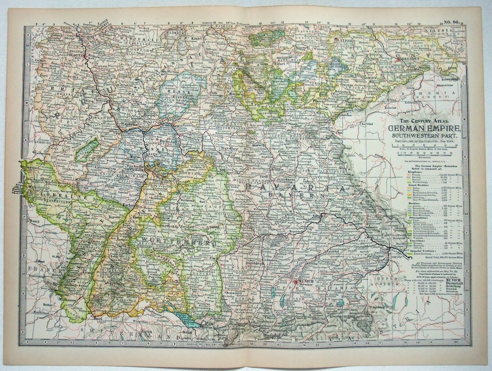 SW Germany – Original 1897 Map by The Century Company. Antique