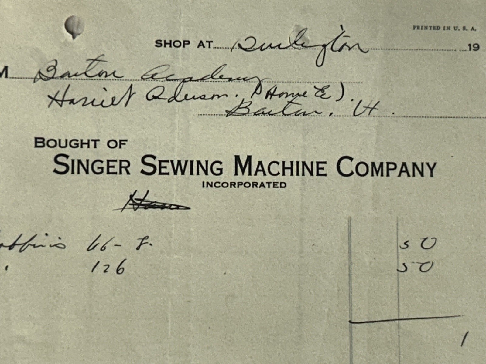 Singer Manufacturing Co Sewing Machine Illustrated Billhead Barton Academy VT