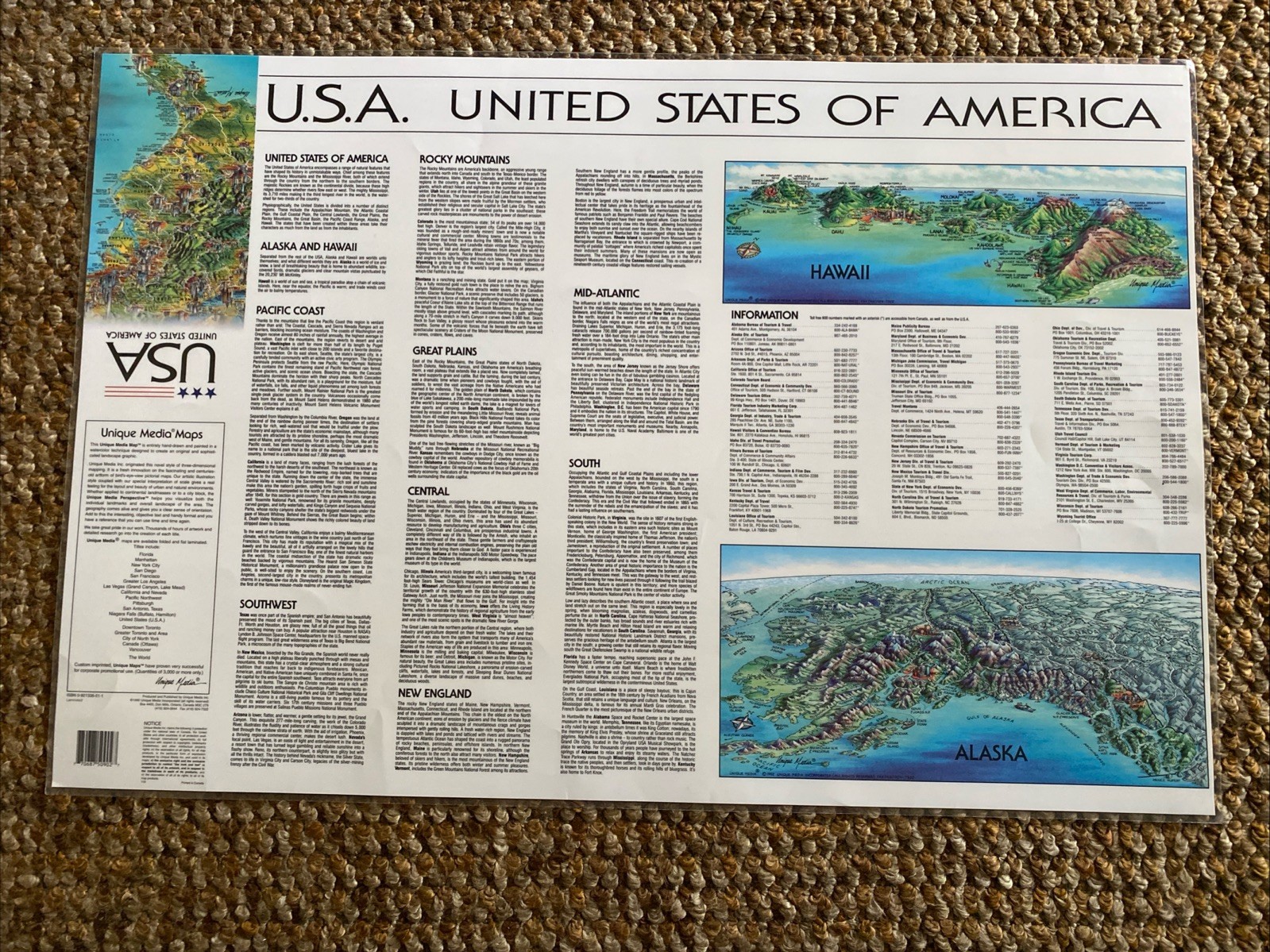 Laminated 3D 1992 Map of the United States w Landmarks 2-Sided w History 27×18