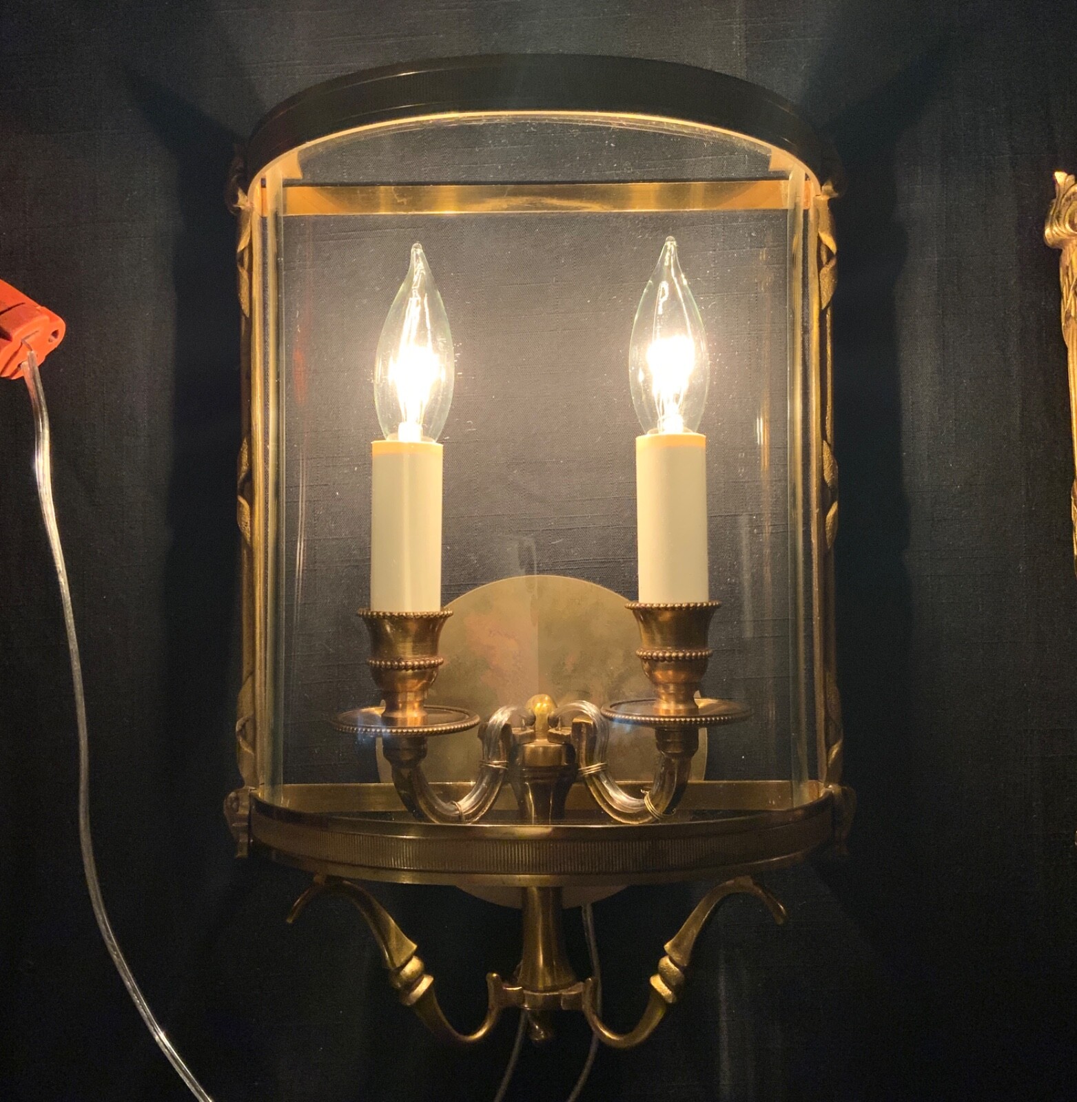 FRENCH BRONZE CONVEX LANTERN WALL SCONCE (2) LOUIS XVI RIBBON & REED