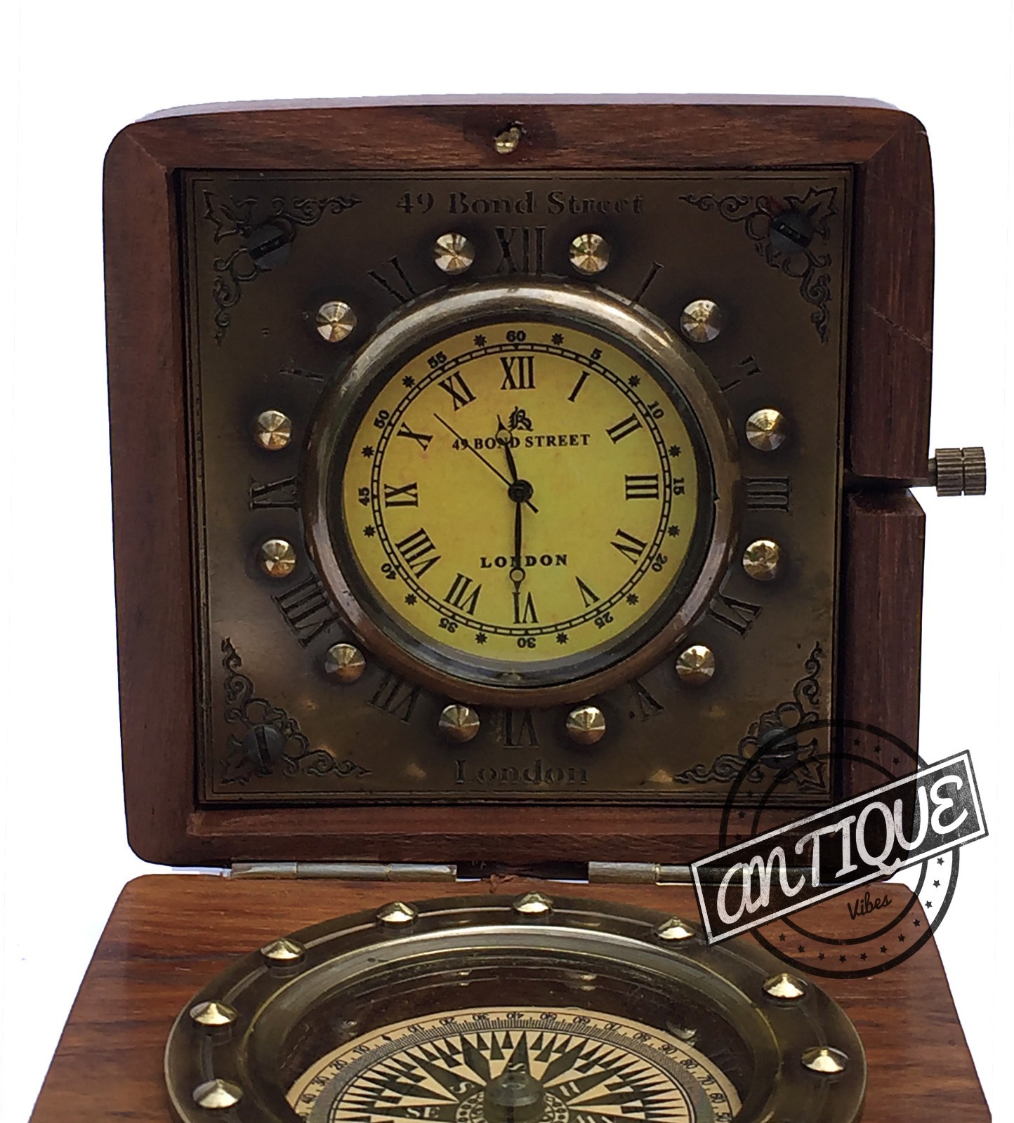 Vintage Maritime Brass 49 Bond Clock London Compass Wood Clock Table Top Decor