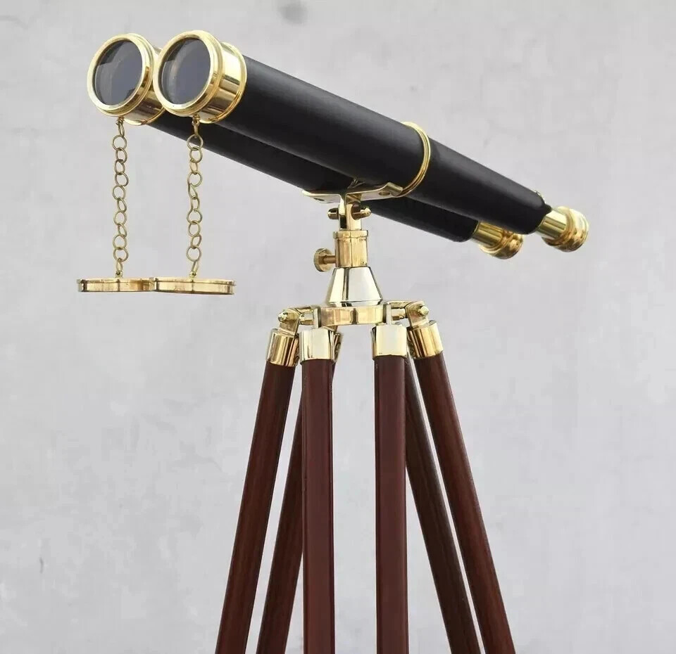 62” Vintage Nautical Solid Brass Binoculars W/Floor Standing Tripod Decor Gift