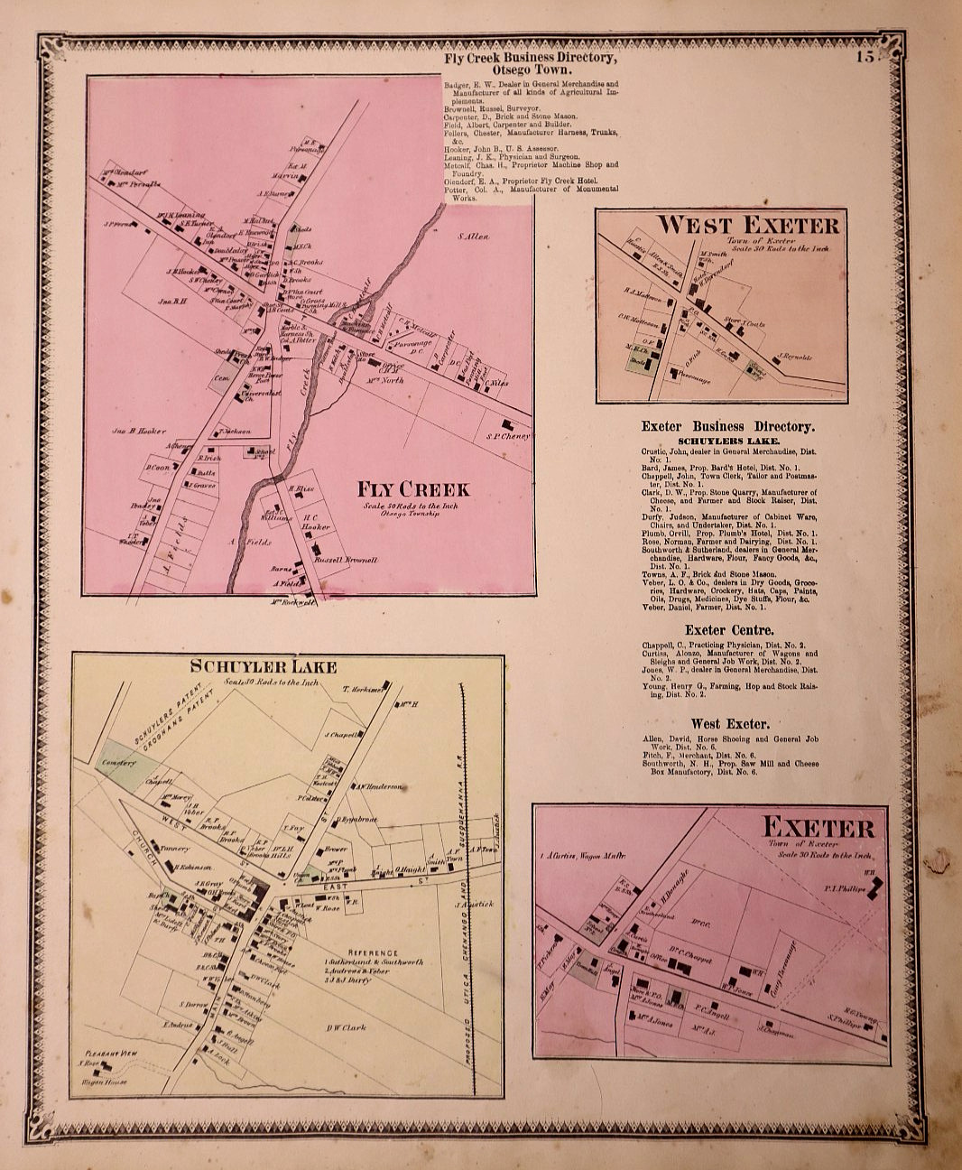 1868 Plat Map, Exeter, Fly Creek, Schuyler Lake, Otsego County, New York (13×16)
