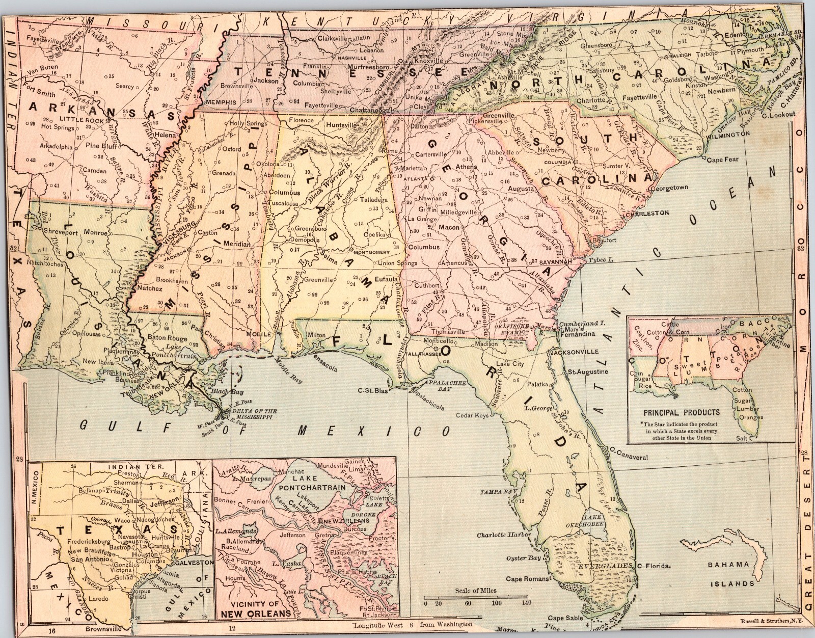 1872 Antique Map Southern U.S. States Product Map Approx 8”x10.25”