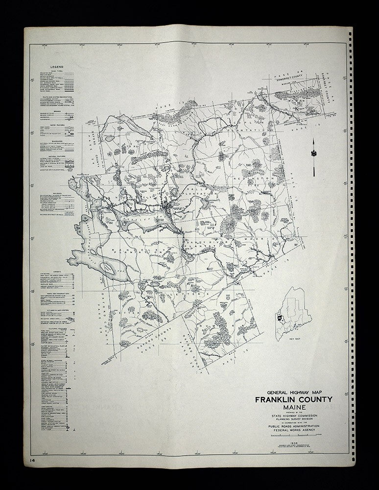 1946 Maine Highway Map Franklin County Lake Rangeley Stratton Saddleback Mt ME