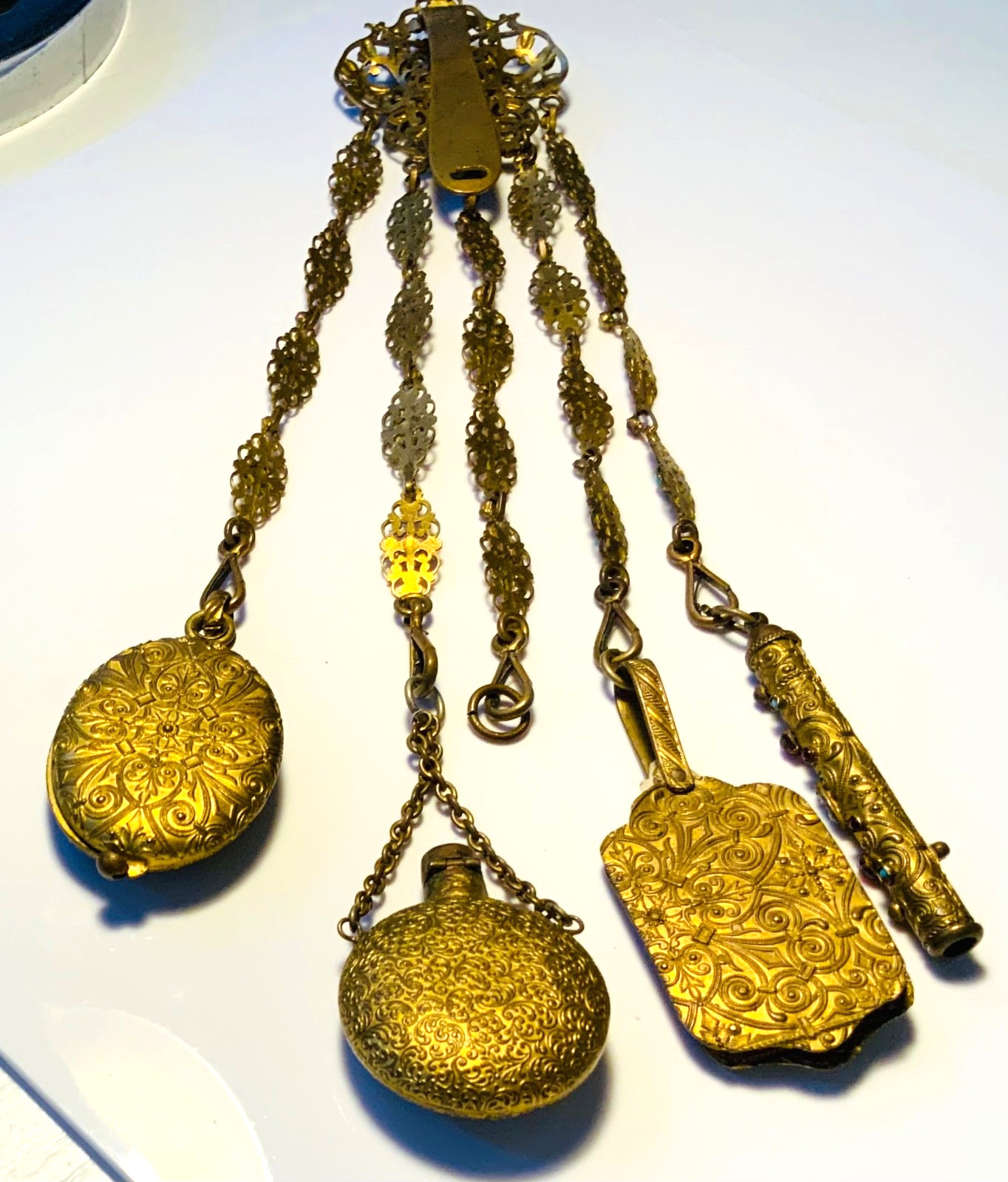 STUNNING! EXTREMELY ORNATE Antique BRASS*JEWELED*ENAMEL*FRENCH*Vanity CHATELAINE