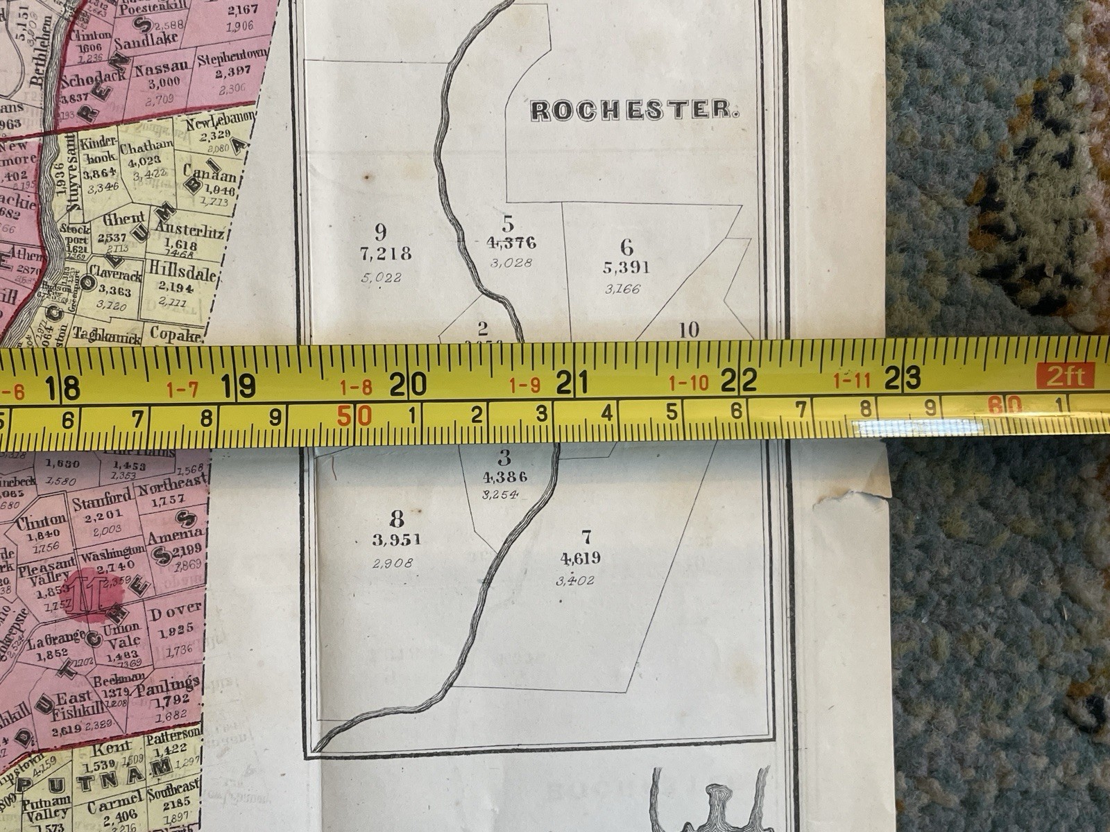Antique Census Map State of New York Hand Colored D.T. Valentine Lithograph