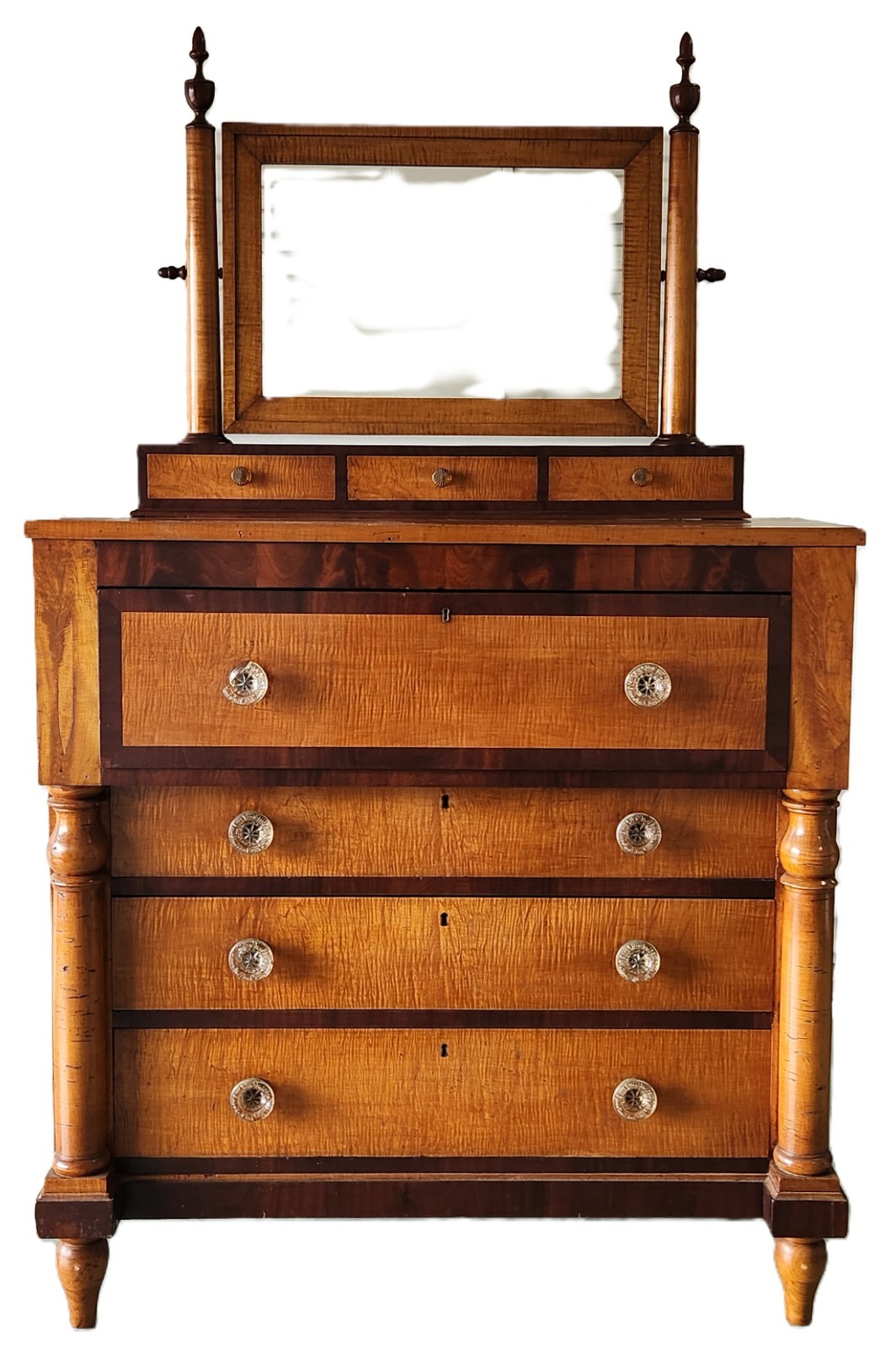 Dresser, Chest w/ Mirror, Empire, c1830, Tiger Maple, Mahogany,